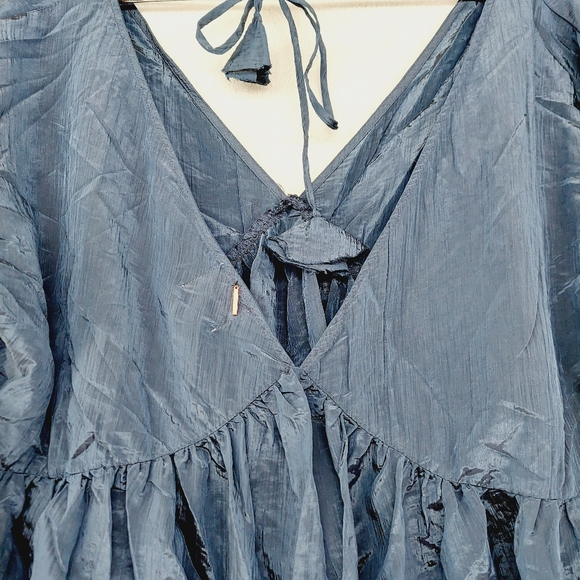Misa Los Angeles Blue Tiered Ruffle Boho Bell Sleeve Peasant Blouse P924 - Picture 6 of 9